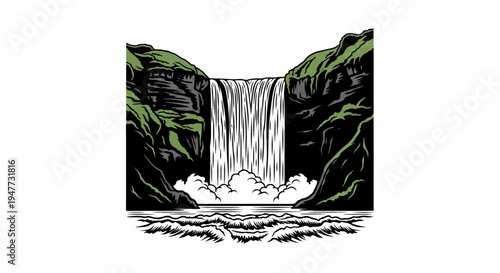 Powerful waterfall cascades between lush green cliffs into crashing waves below