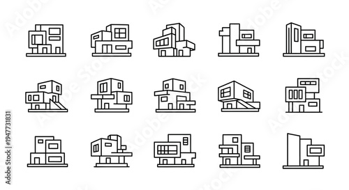 Modern Architecture Icons: Futuristic Building Designs, Minimalist House Blueprints, Abstract Facades