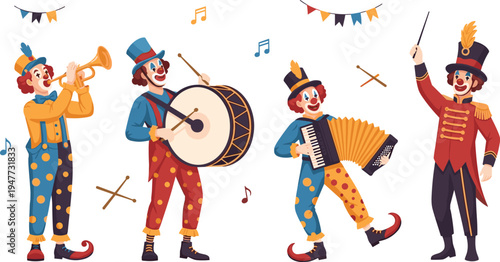 Cartoon Circus Clown Musicians Playing Trumpet Drum and Accordion with Ringmaster Character Colorful Carnival Performance Entertainment Vector Illustration Set