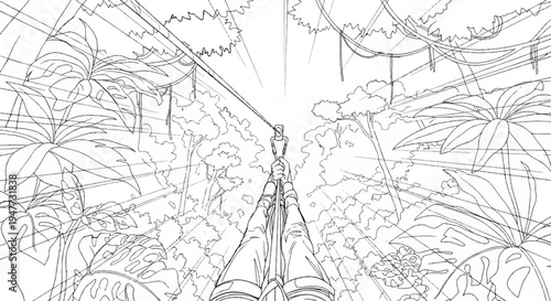 POV from person ziplining through lush jungle canopy