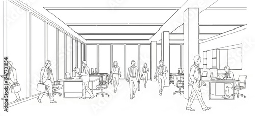 Professionals in a modern office space with large windows and workstations