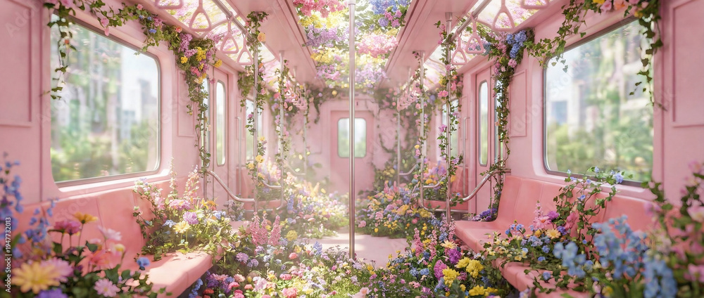 Naklejka premium Pink train carriage filled with abundant flowers creating a dreamy and magical scene