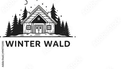 Rustic cabin in snowy woods under a crescent moon and stars