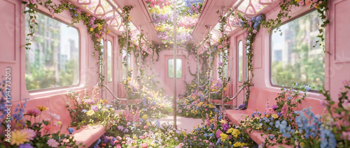 Pink train carriage filled with abundant flowers creating a dreamy and magical scene