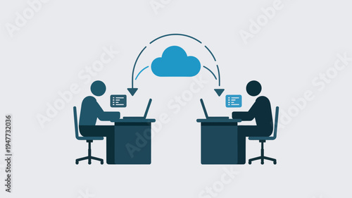 Two people working on laptops with cloud storage syncing between them