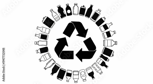 Recycling symbol with assorted bottles and cans arranged circularly