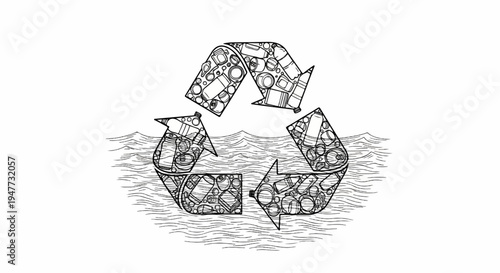 Recycling symbol formed by plastic bottles floating on wavy water