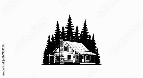 Rustic log cabin nestled among tall evergreen trees in a black and white illustration