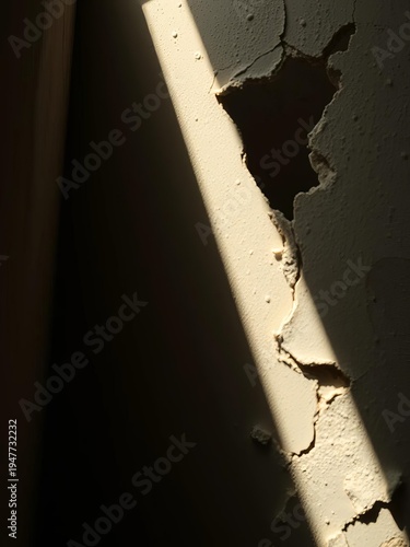 Crumbling plaster whispers tales of despair in a stark beam of light  ,  decay,  dramatic