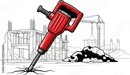 Red jackhammer breaks ground on unfinished building, construction crane in background