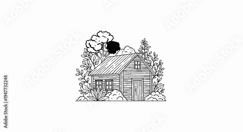 Rustic log cabin nestled among trees and lush foliage in a sketched style