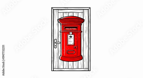 Red mail slot on a wooden door with a royal crest and a label