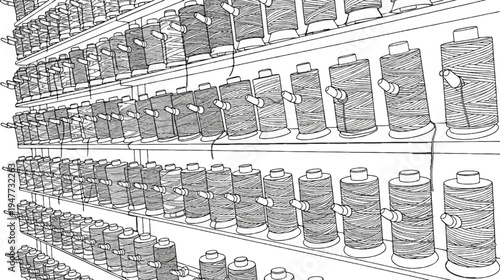Rows of spools filled with tightly wound thread on industrial shelves
