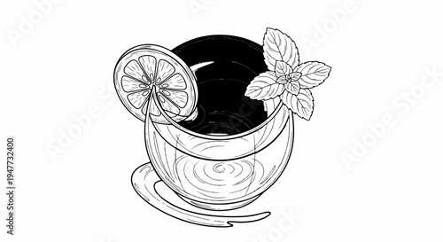 Refreshing beverage with lemon and mint in a glass, sketched