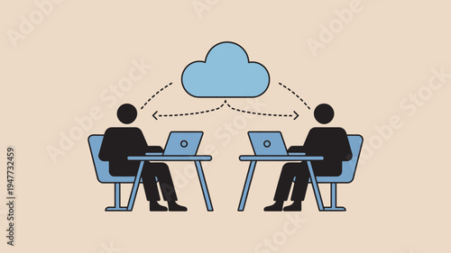 Two business professionals collaborating on laptops with cloud computing