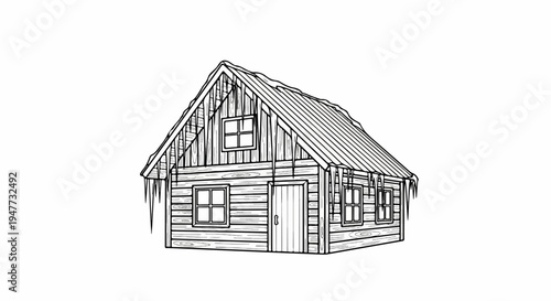Rustic wooden cabin with icy overhangs and multiple windows