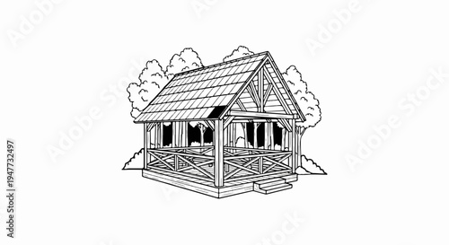 Rustic wooden cabin with porch, surrounded by trees