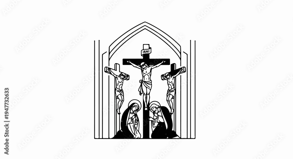 Naklejka premium Religious scene of three crucifixions within an arched structure, mourning figures below