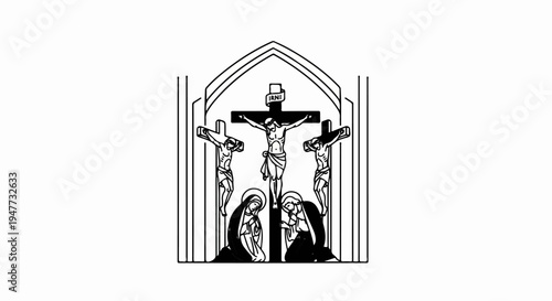 Religious scene of three crucifixions within an arched structure, mourning figures below