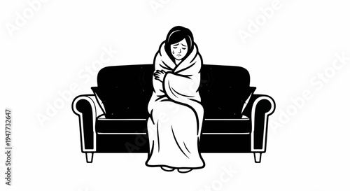 Sad, blanket-wrapped person cries alone on a dark sofa indoors