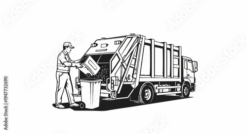 Sanitation worker empties bin into a large garbage truck