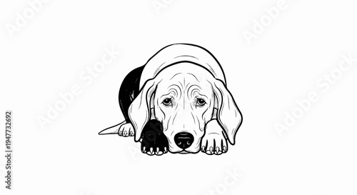 Sad, droopy-eared dog with soulful eyes resting head on paws