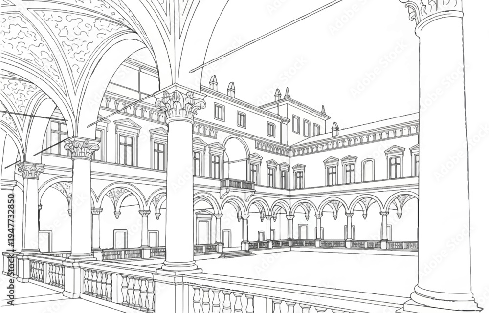 Fototapeta premium Renaissance courtyard with arched walkways, balconies, and ornate columns