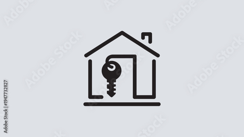 A simple black and white icon of a house with a key in the door, symbolizing home ownership and real estate.