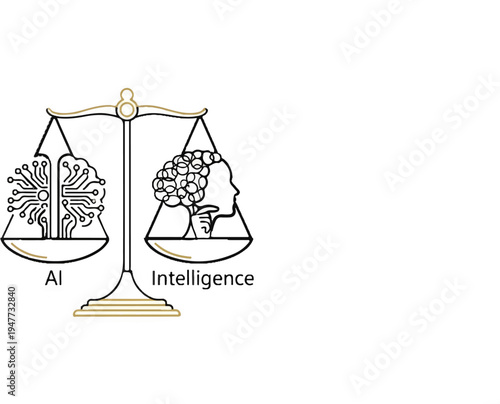 Scale balancing AI circuit brain vs human silhouette head with thinking
