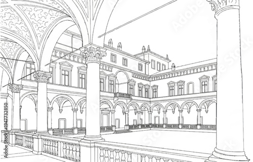 Renaissance courtyard with arched walkways, balconies, and ornate columns