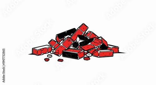 Scattered pile of red and black bricks
