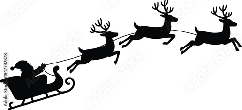 Silhouette of Santa Claus in sleigh with three reindeer flying, traditional Christmas holiday vector illustration for festive design projects