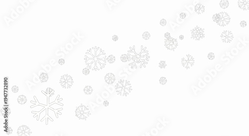 Scattered grey snowflakes of various sizes drift across a clean white background