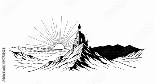 Silhouette of a person on a ruined tower overlooking a sun and mountains