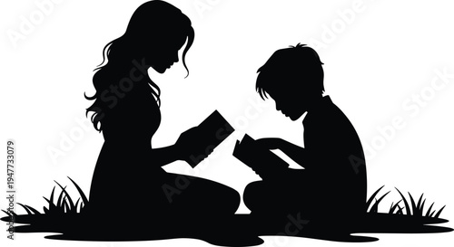 Silhouette of adult and child reading books together, sitting on grass, peaceful educational moment, storytelling vector illustration for design projects