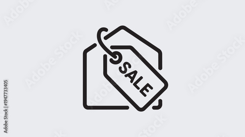 A simple black line drawing of a sale tag hanging from a price tag on a light gray background