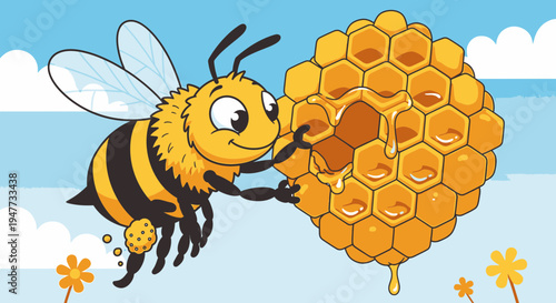 Bee collecting honey from honeycomb.