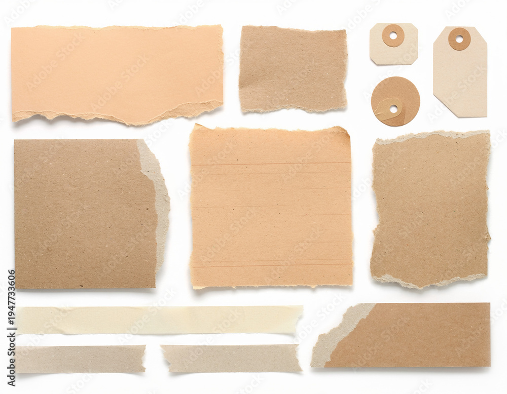 Fototapeta premium Set of scrapbook paper elements, torn paper pieces, beige neutral colors, realistic paper texture, isolated on white background