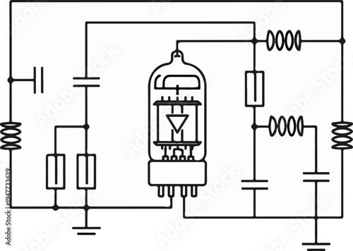 Schematic diagram of an electronic circuit featuring a vacuum tube amplifier