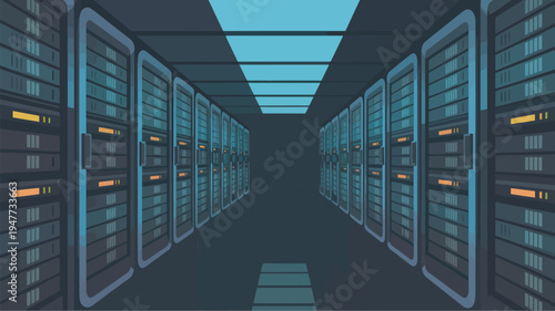 A dark server room with rows of computer servers and a blue-lit ceiling