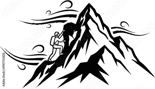 Silhouette of a person scaling a sharp, rocky mountain peak in windy conditions