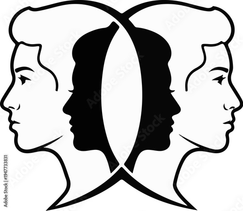 Silhouette of two male profiles facing each other in black and white