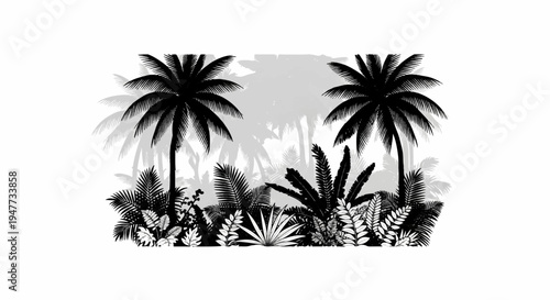 Silhouette of two palm trees over a dense jungle foliage background