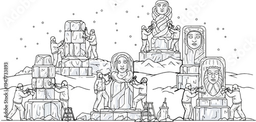 Sculptors create large ice statues of faces in falling snow