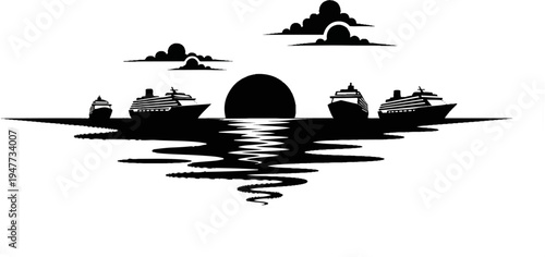 Silhouetted cruise ships at sunset reflected on calm water