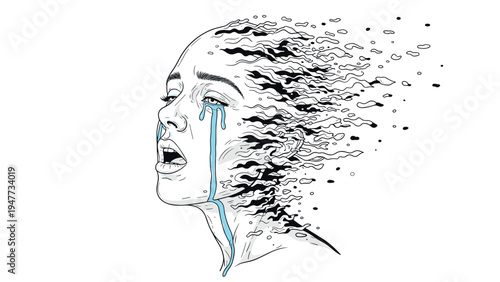 Artistic black and white illustration of crying woman face disintegrating into small particles representing emotional breakdown.
