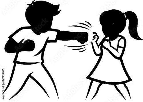 Silhouetted children in playful boxing match, dynamic lines indicate motion