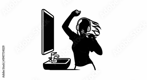 Silhouetted figure with headphones brushing teeth, dancing by bathroom sink and mirror