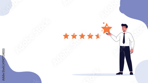 Confident businessman standing next to five star rating scale and presenting the highest quality service or premium product.