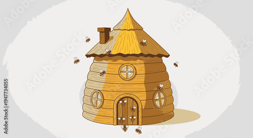 Beehive house with chimney and door.